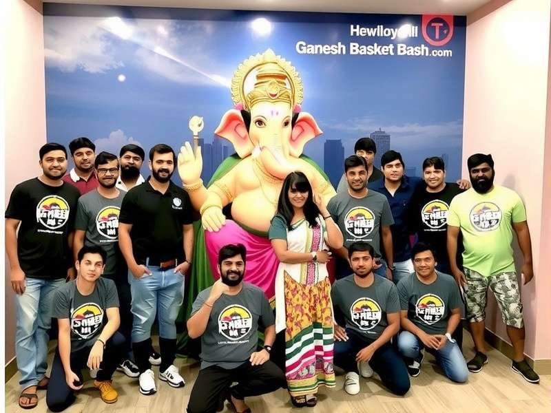 Ganesh Basket Bash - Community Meetup Ganesh Basket Bash community meetup in Mumbai during Ganesh Chaturthi, with players wearing game merchandise and posing with a large Ganesh idol
