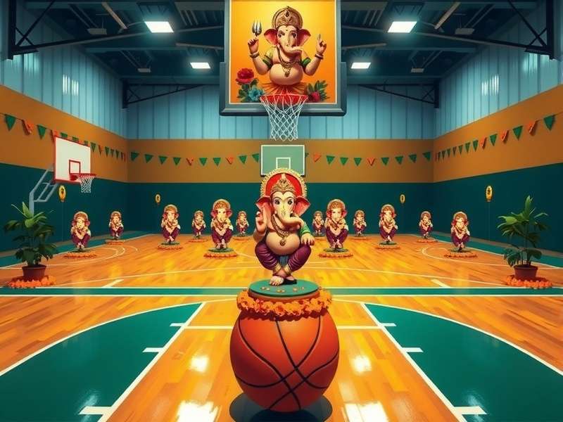 Ganesh Basket Bash - Game Overview Screenshot of Ganesh Basket Bash showing a basketball court decorated with Ganesh idols and marigolds