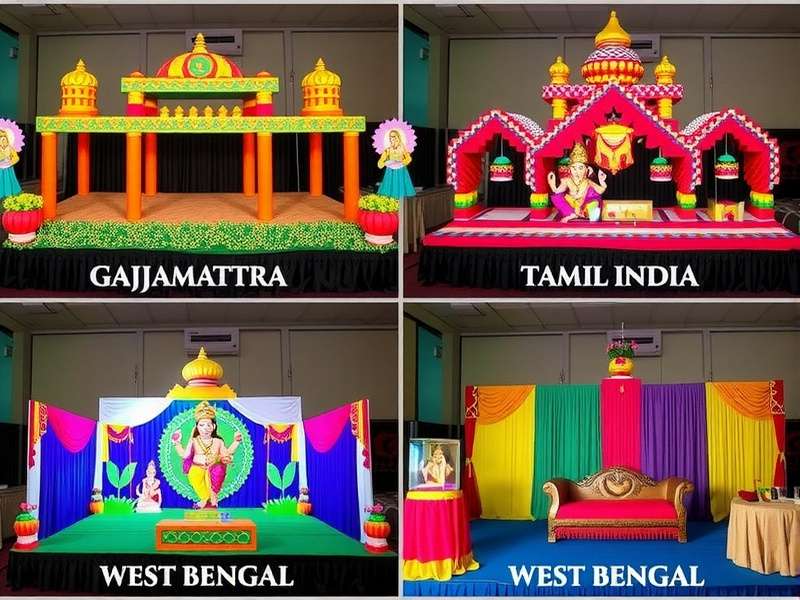 Ganesh Basket Bash - Regional Pandals Collection of regional pandal designs from Ganesh Basket Bash showing Maharashtra, Gujarat, Tamil Nadu, and West Bengal styles