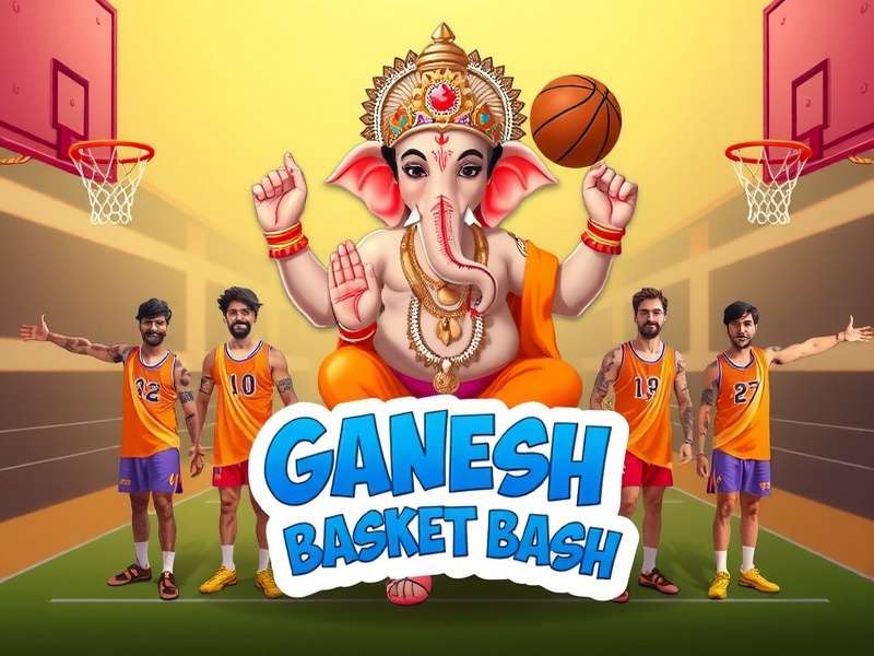 Ganesh Basket Bash - Main Banner Ganesh Basket Bash game banner featuring Lord Ganesh and basketball players in festive attire