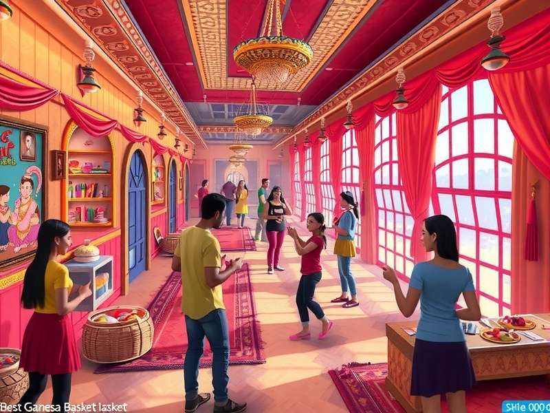 Ganesh Basket Bash - Future Update Concept art for the upcoming 3D Pandal Experience in Ganesh Basket Bash showing players interacting in a virtual pandal